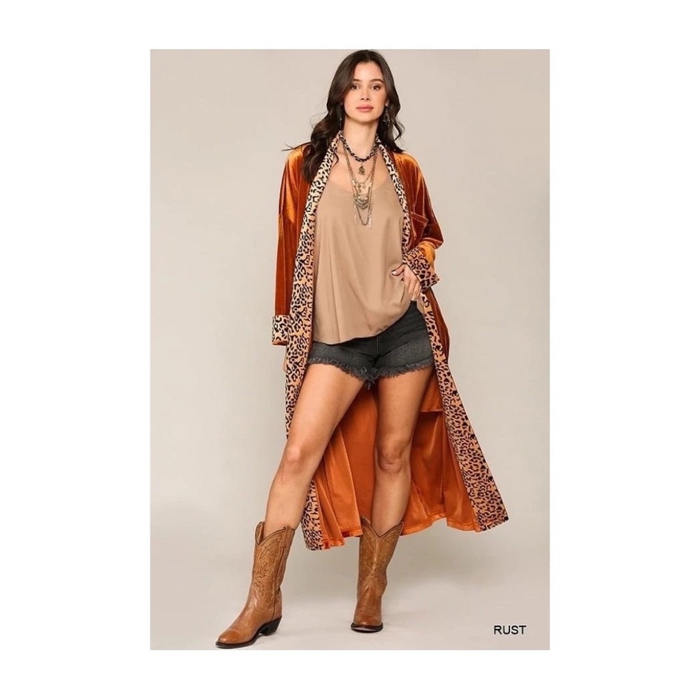 Rust Velvet Kimono Duster with Leopard Print Detail